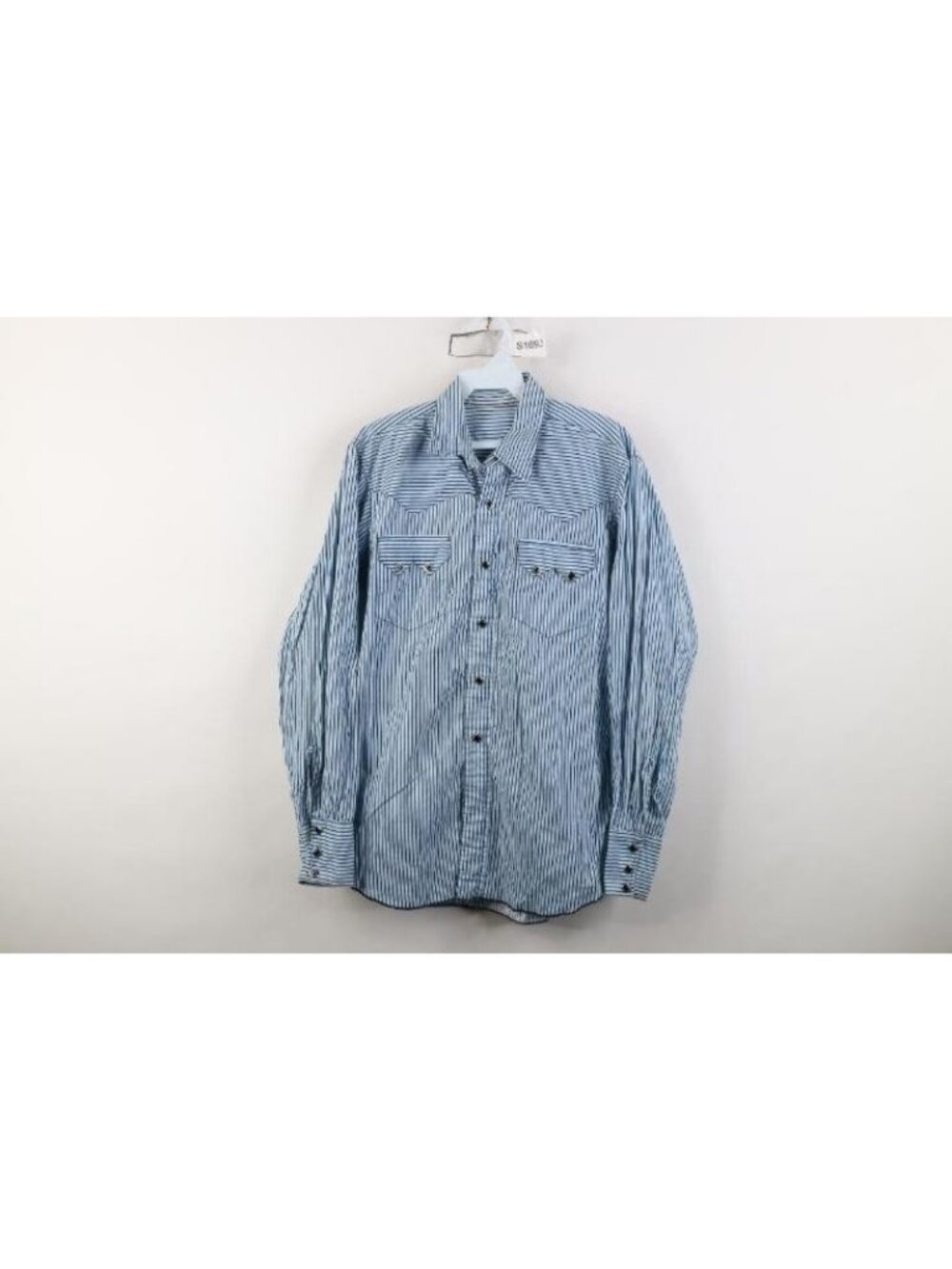 Vintage 90s Rockabilly Mens Medium Western Cowboy Striped Snap Button Shirt Blue